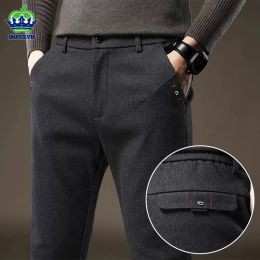 Pants Autumn Winter High Quality Stretch Brushed Fabric Pants Men Thick Elastic Waist Cotton Slim Business Black Blue Casual Trousers