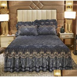 Bed Skirt Europe Style Bedding Pillowcases Sets Gray Veet Thick Warm Lace Bedspread Sheets Mattress Er King Queen Size Drop Delivery Dh0Iq