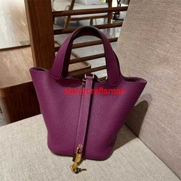 Top Handle Bags Picotin Lock 1822 Bag Genuine Handbags High Definition Version of the Top Layer Cowhide Sea Anemone Purple and Foreign Style Hahave logo HBPYI0