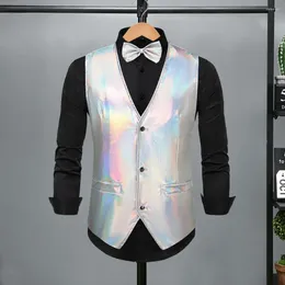 Men's Vests Men Wedding Waistcoat Fantasy Colour Vest Retro Disco Bow Tie Set For Groom Party Glossy V Neck