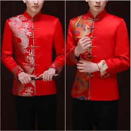 Jackets Dragon Pattern Jacquard Mens Red Suit Jacket Mandarin Collar Traditional Chinese Men Satin Exquisite Wedding Jacket Frog Closure