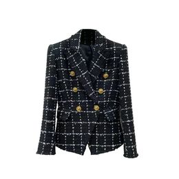 Vinatge 2024 Black Lapel V Neck Plaid Long Sleeves Single Buttons Women's jacket Designer Pockets High End Jackets 3071