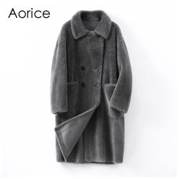 Fur Aorice Winter Women Wool Fur Coat Trench Sheep Shearing Jacke Coats Lady Female Warm Hooded Jackets Parka H6003