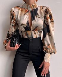 Women's Blouses EWSFV 2024 Spring Women Fashion Sexy Print Stand Up Collar Lantern Sleeves Open Back Hollowed Out Shirt