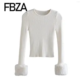 Women's Sweaters FBZA Women Fashion Autumn Winter White Artificial Fur Effect Cuff Crew Neck Pullover Top Chic Female Warm Knitted Sweater