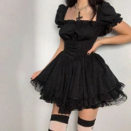 Dress Lolita Black Dress Goth Aesthetic Puff Sleeve High Waist Vintage Bandage Lace Trim Party Gothic Clothes Summer Dress Woman 2022