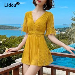 Cover-up Women Sexy Sheer Mesh Hollow Bow V Neck Short Sleeve Elegant One Piece Swimsuits Summer Slim Push Up Beach Swimwear Bathing Suit