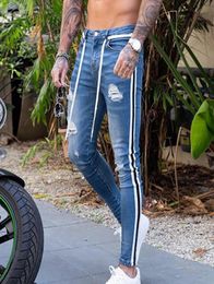 2020 Jeans Men Skinny Jeans Men Biker Destroyed Frayed Fit Denim Ripped Pants Side Stripe Pencil Pants Hip Hop Streetwear CX2007271422640