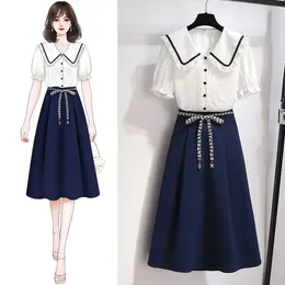 Work Dresses Women's Clothing Outfits For Summer 2024 Doll Neck Shirt Covers The Belly Shows Slim Versatile Half Dress Two Piece Set