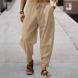 Pants Summer Men's Cotton Hemp Drawstring Pants Casual Beach Pants Elastic Waist Calf Fold Jogging Yoga Pants