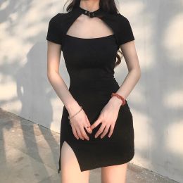 Dress Gothic Choker Halter Bodycon Black Dress Female Solid Cut Out Fashion Summer Dress Mini Side Split Sundress Vestidos