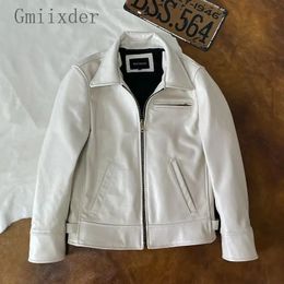 Pu Leather Short Slim Jacket Autumn Winter Motorcycle Mens American Street Style Casual Trendy White Top 240223