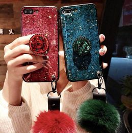 Luxury Glitter Sparkle Gold Foil Marble Diamond Holder Cute Fur Ball Pendant Thin Silicone Phone Case Cover For iPhone 6 7 8 Plus 8618363