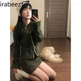 Women's Knits Cardigans Design Sense Green O-Neck Plush Striped Single Breasted Lace-Up Slim Trend Retro Knitted Coats Ladies Clothing