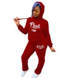 Suits Hoodies Set Women Fashion 2 Piece Set PINK Letter Print Hooded Sweatshirt And Skinny Stacked Pants Set Suit Sporty Outfit Track