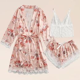 Women's Sleepwear Floral Print Pajama Set Women Lace Dress 3 Piece Cami Top Shorts With Robe Bathrobe Sexy Lingerie Night Gown