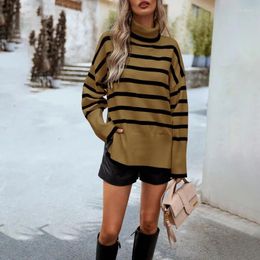 Women's Sweaters Autumn And Winter Pullover High Neck Stripe Contrast Screw Thread Lantern Long Sleeve Sweater Knit Elegant Casual Tops