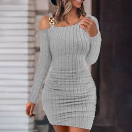 Dress 2023 Autumn Winter Dresses New Solid Colour Metal Buckle Collar Tight Bag Hip Slim Sexy Long Sleeve Dress Womens Casual Dresses