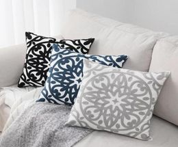 Home Decorative Embroidered Cushion Cover Navy Blue Grey Black Floral Canvas Cotton Square Embroidery Pillow 45x45cm CushionDecor9395860