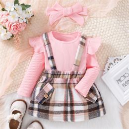 Dresses Newborn Infant Baby Girls Floral Autumn Long Sleeve Ribbed Tops Plaid Suspender Dress Kids Crop Top Outfits Outfit for Big Kids