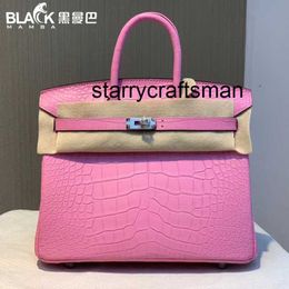 Genuine Leather Handbag LL Black Mist Face Crocodile Skin Pink 25CM Womens Handbag Luxury Brand Womens Bag Handmade