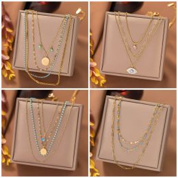 Multilayer Green Stone Star Round Pendant Necklaces For Women Girls 14k Yellow Gold Evil Eye Chain Wedding Party Jewellery Gift