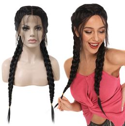 Middle Part Long Double Braids Straight Natural Black Braided Synthetic Light Brown Swiss Lace Front Wig With Baby Hair new4548989