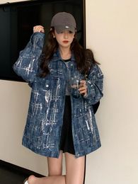 Women's Jackets American Retro Denim Jacket For Women Autumn Clothes 2024 Fashion Streetwear Sequined Long Sleeve Baggy Coat