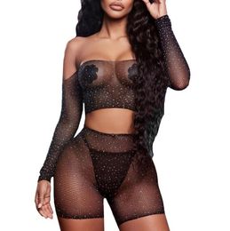 New ladies hot diamond mesh tube top shorts set sexy mesh lace transparent rhine top shorts fishnet underwear set E4217673