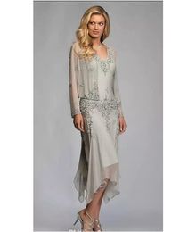 Gorgeous Silver Grey Chiffon Appliques Lace Tea Length Mother Of The Bride Dresses v neck With Jacket Suits Deep V-neck For Weddings