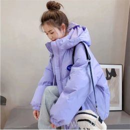 Parkas Oversized Fashion Parkas Purple Hooded Jacket Women's Winter 2023 Loose Cotton padded Student Coat Thicken Warm Outerwear Female