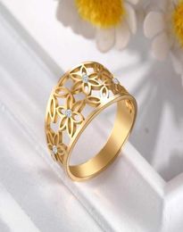 Skyrim Elegant Clear Zircon Flower of Life Finger Rings Women Girl Stainless Steel Golden Casual Ring Anniversary Gift for Lover Q6115921