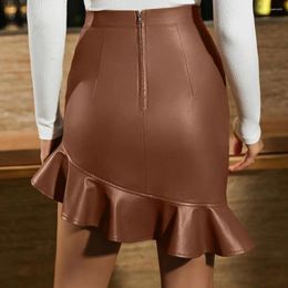 Skirts Hip-hugging Skirt High Waist Faux Leather Mini With Ruffle Trim For Women Solid Colour Slim Fit Short Streetwear