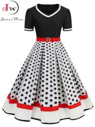 Dress Black VNeck Short Sleeve Vintage Pleated Dress with Belt Women 50s Polka Dot Party Sundress Robe Plus Size