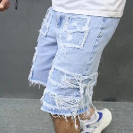 Summer Men High Street Ripped Patch Denim Shorts Stylish Solid Casual Male Straight Jeans Shorts 240307