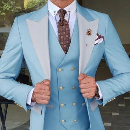 Suits Light Blue Men Suit Costume Homme Grey Peak Lapel Wedding Prom Groom Slim Fit Terno Masculino Bridegroom Tuxedo Blazer 3 Pcs