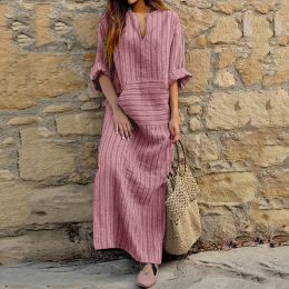 Dress Summer Cotton Linen Long Dress Vintage Striped Casual Loose Maxi Dress Sundress Plus Size Boho Beach Vacation Dress For Women