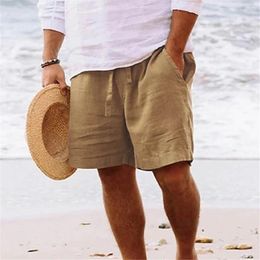 Men's Shorts Retro Mens Cotton Linen Summer Drawstring Elastic Waist Straight Knee Length Short Pants Comfort Breath Beach Trousers