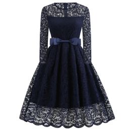 Dress Elegant Women Lace Dress Long Sleeve Sexy Evening Party Prom Dresses Hepburn 50s 60s Vintage Pinup Robe Spring 2023 Belt Tunic