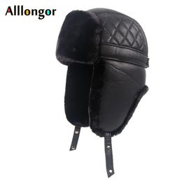 High Quality 2019 Winter Leather Pilot Cap Faxu fur russian ushanka hats Earflap Bomber Hat Men Black Snow hats T191022221q