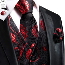 Vests HiTie Black Red Floral Silk Mens Vest Tie Set Jacquard Waistcoat Sleeveless Jacket Necktie Hanky Cufflinks Wedding Business XXL