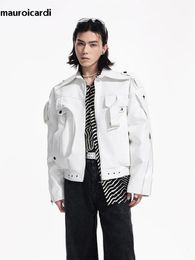 Mauroicardi Spring Autumn Cool Loose White Soft Pu Leather Jacket Men Zipper Belt Luxury Designer Clothes Runway Fashion 240304
