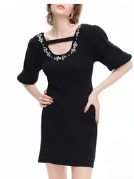 Party Dresses Women's Diamond-Studded U-Neck Knitted Dress Puff Sleeves Female Slim Stretch Black Short Robe 2024 Autumn