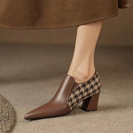 Dress Shoes Spring Women's Pumps Genuine Leather High Heels Pointed Toe Chunky Heel For Women Lattice Cotton Fabric Handmade