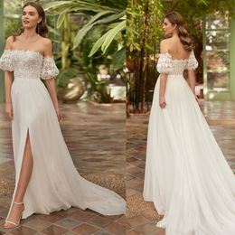 Einfaches A-Linie-Hochzeitskleid für Frauen, trägerlos, abnehmbare Ärmel, Brautkleider, Spitze, geteilte Seite, Sweep-Zug-Kleid nach Maß, Vestidos de Novia