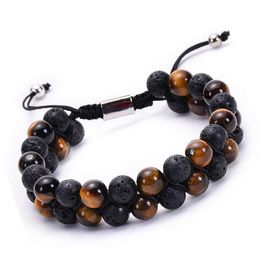 Natural Tiger Eye Lava Volcano Stone Row Double Layer Bead Wrapped Woven Bracelet