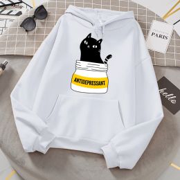 Sweatshirts Black Cat Eat Antidepressant Cute Print Hooded Women Autumn Fashion Hoodies Simple Casual Soft Hoodie Street Loose Streetwear