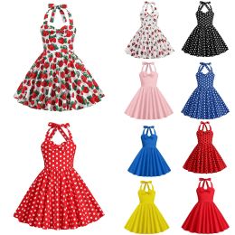 Dress Kids Girls Vintage Halterneck Dress Polka Dots Cherry Strawberry Daily Birthday Party 1950s Swing Dress Summer Princess Dress