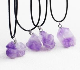 Natural Amethyst stone necklace Irregular Pendant Leather Jewelry Handmade for Girl6261698