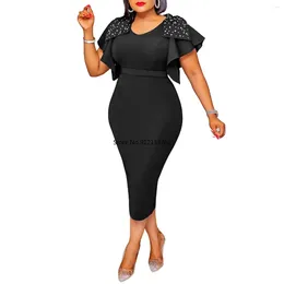 Ethnic Clothing Black Red African Dresses For Women 2024 Spring Summer Dress Sexy Birthday Evening Party Bead Ruffles Robe Femme Clothes